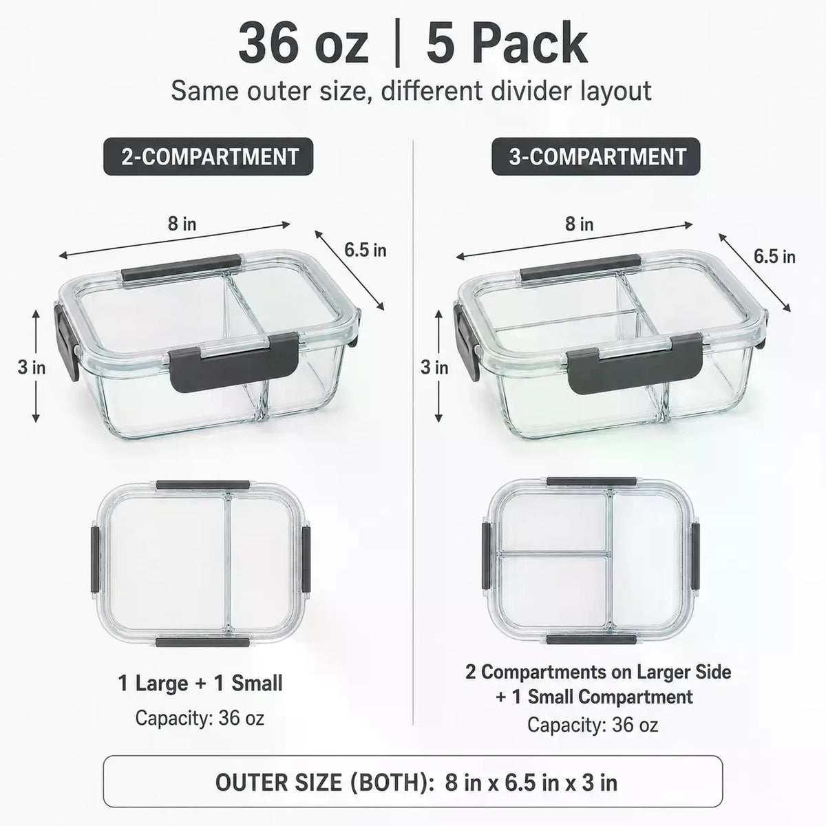 5-Pack Rectangular Borosilicate Glass Meal Prep Containers (36 oz, 8in×6.5in×3in) - Crystal-Clear, Stackable Airtight Leak-Proof Lids, Airtight Food Storage, Kitchen Accessories, Healthy Meals Prep, Dishwasher-Microwave-Ove