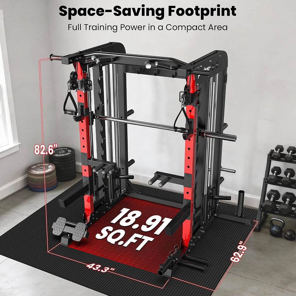 Power Cage Smith Machine with 2000LB Squat Rack Cable System | LAT Pulldown and Dual Pulley Cable Crossover with All-in-One Home Gym Machine, Adjustable Stations and Training Attachments