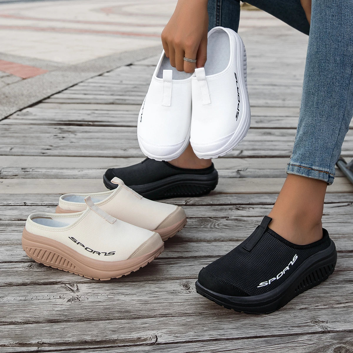 Women Mesh Platform Mule Sneakers Slip On Backless Walking Shoes Sports Letter Print Rocker Bottom Non Slip Lightweight Casual Outdoor Travel Slippers 2026 New Arrival