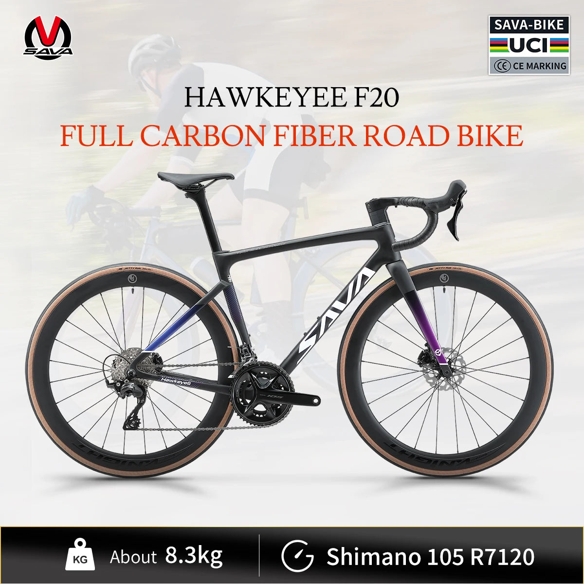 SAVA F20 Full Carbon Fiber Road Bike Hot Sale Bike Racing Bike 24 Speed Adult Road Bike 8.3kg with SHIMAN0 105 R7120 Kit