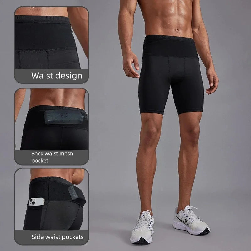 Men Compression Marathon Running Shorts with Waist Pack Quick Dry Trainning Exercise Fitness Sport Tight Shorts