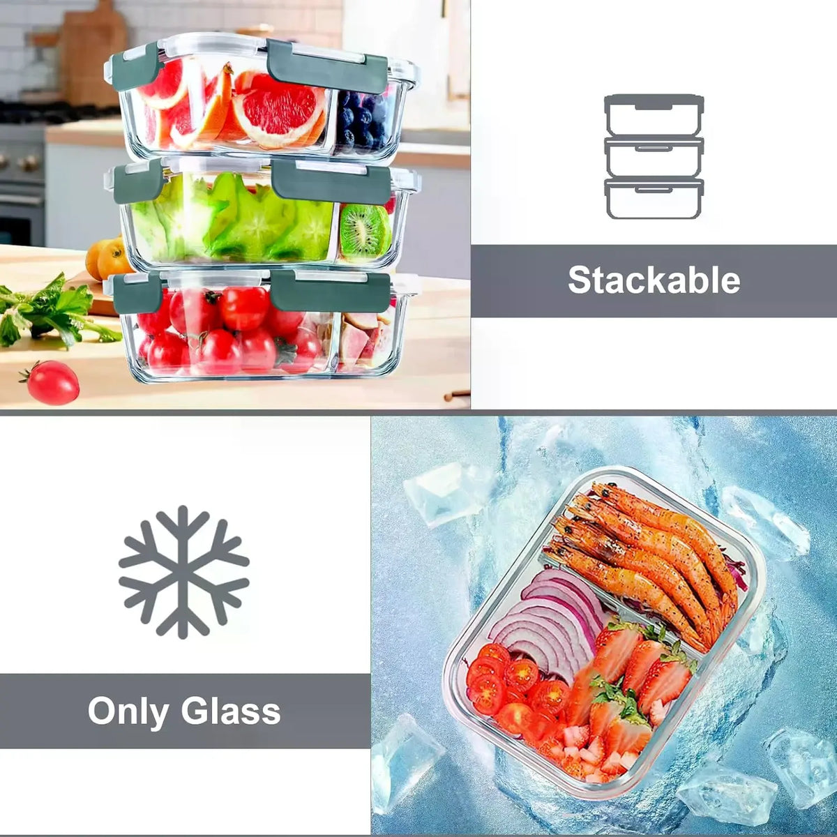 5-Pack Rectangular Borosilicate Glass Meal Prep Containers (36 oz, 8in×6.5in×3in) - Crystal-Clear, Stackable Airtight Leak-Proof Lids, Airtight Food Storage, Kitchen Accessories, Healthy Meals Prep, Dishwasher-Microwave-Ove