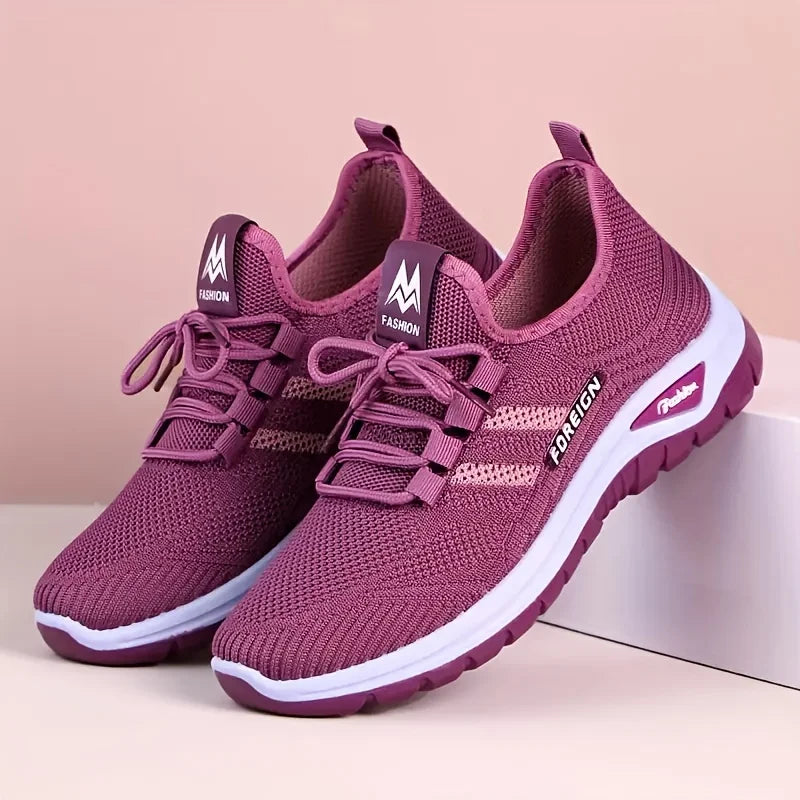 Women's Breathable Knit Walking Shoes, Soft Cushion Non Slip Lace Up Sneakers, Lightweight Comfort Casual Daily Sports Shoes, Multi Color Mesh Flat Trainers for Elderly All Season Daily Wear