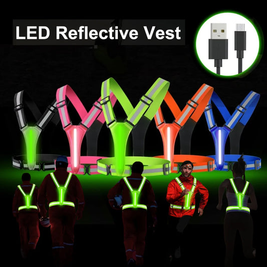 LED Running Vest USB Rechargeable Reflective Glowing Reflector Straps High Visibility Night Running Clothing Vest