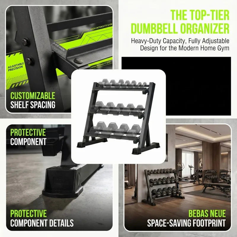 3-Tier Adjustable Dumbbell Rack (35.4in / 90cm), 1000LBS Heavy Duty Steel Gym Storage Stand with Anti-Rust Powder Coating & Floor Protection Feet for Home/Commercial Fitness