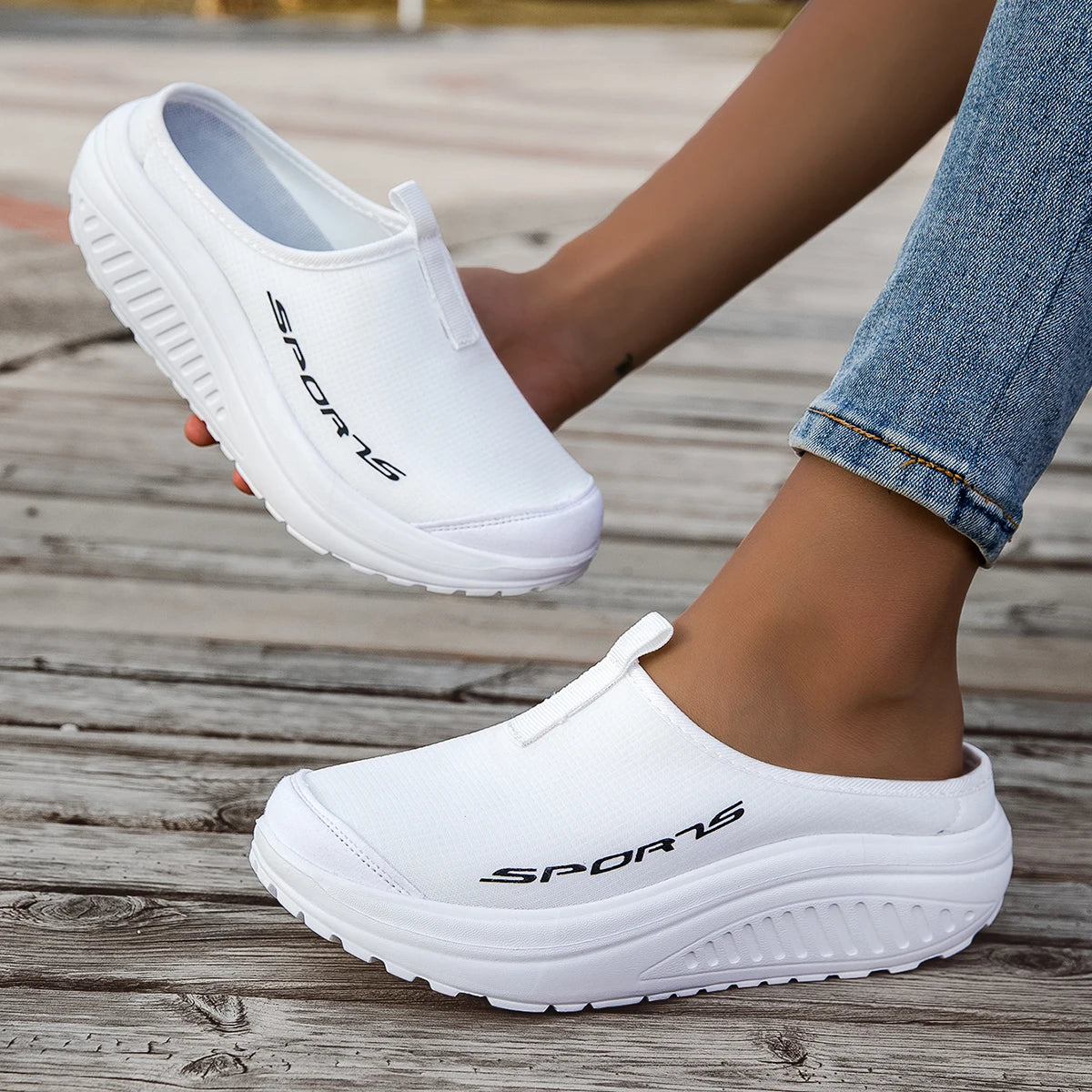 Women Mesh Platform Mule Sneakers Slip On Backless Walking Shoes Sports Letter Print Rocker Bottom Non Slip Lightweight Casual Outdoor Travel Slippers 2026 New Arrival