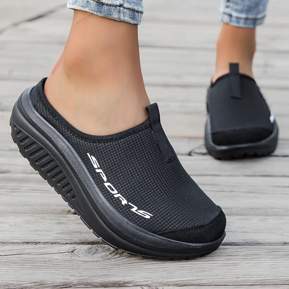 Women Mesh Platform Mule Sneakers Slip On Backless Walking Shoes Sports Letter Print Rocker Bottom Non Slip Lightweight Casual Outdoor Travel Slippers 2026 New Arrival