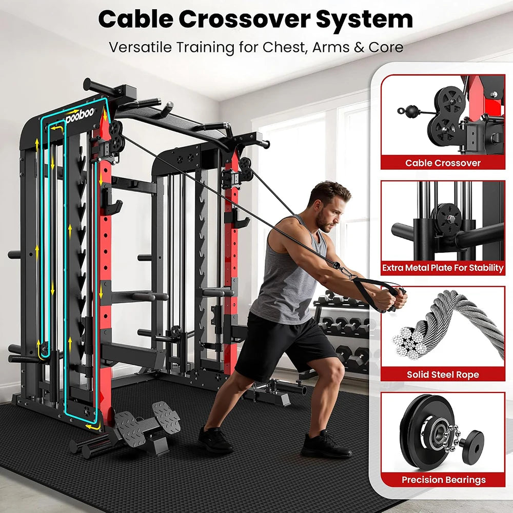 Power Cage with 2000LB Squat Rack Cable System | LAT Pulldown and Dual Pulley Cable Crossover with All-in-One Home Gym Machine, Adjustable Stations and Training Attachments