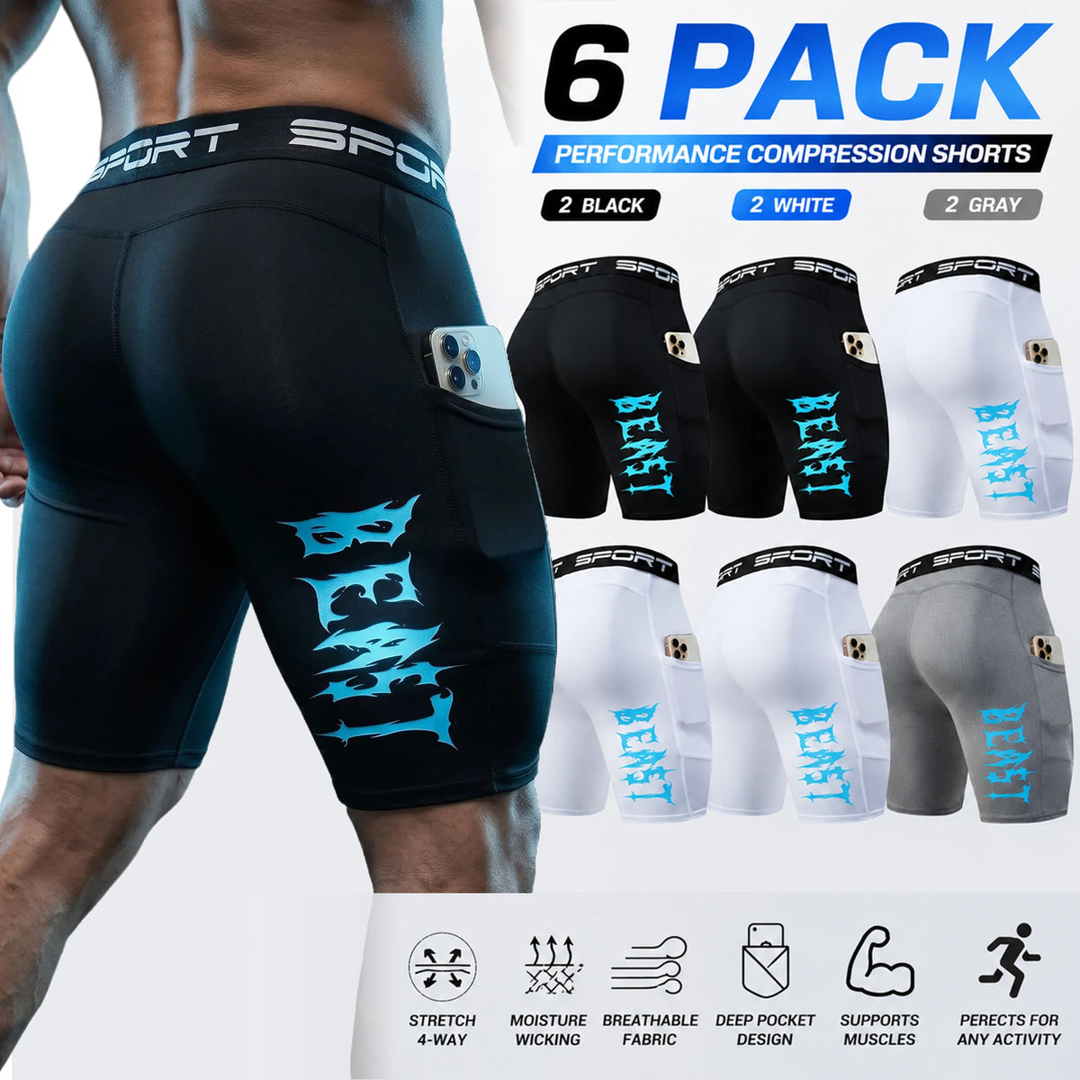 6-Pack Men's Sports Compression Shorts with Phone Pocket—Breathable, Quick-Dry, and Form-Fitting. Ideal for Workouts and Everyday Wear