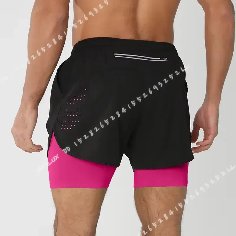 Men's Running Shorts Quick Dry Fitness Black Double Layer Sport Workout Training Bodybuilding Short Pants New