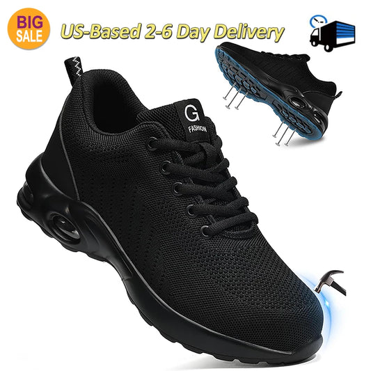 Women Safety Shoes Work Boots, Summer Solid Color Lightweight Breathable Steel Toe Anti-Smash Indestructible Work Sneakers Puncture Proof Industrial Protective Labor Footwear For Construction Men
