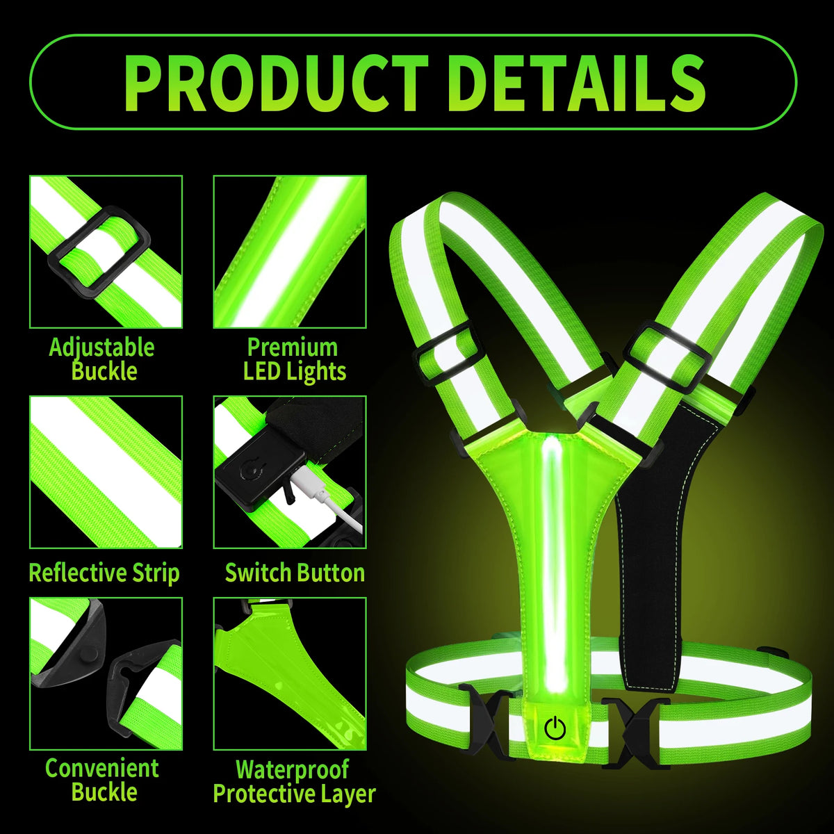 LED Running Vest USB Rechargeable Reflective Cycling Security Vest High Visibility Night Running Riding Clothing for Kids Adults