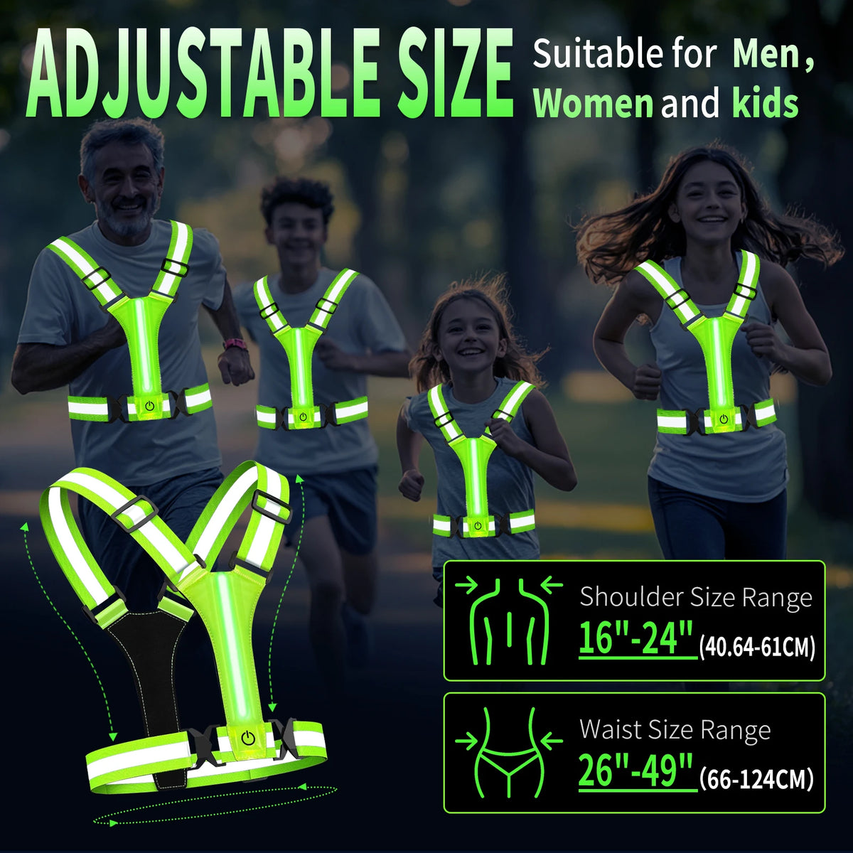 LED Running Vest USB Rechargeable Reflective Cycling Security Vest High Visibility Night Running Riding Clothing for Kids Adults