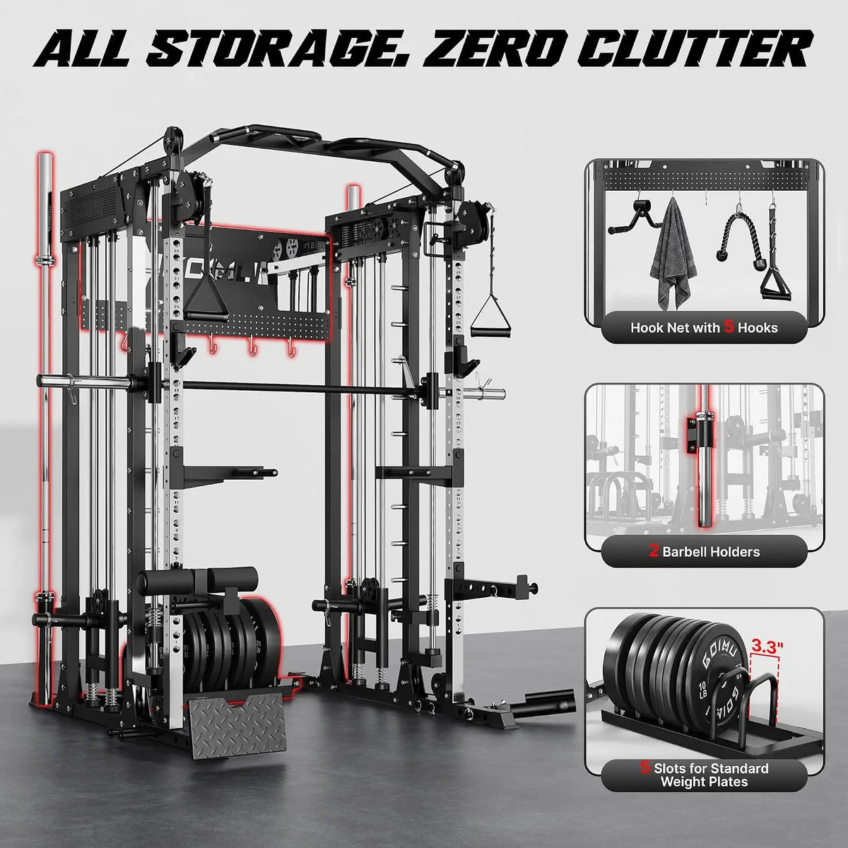 SM4 Smith Machine with Dual Pulley System, 2500lbs Multi-Function Power Cage with LAT Pulldown & Low Row, Squat Rack, Custom