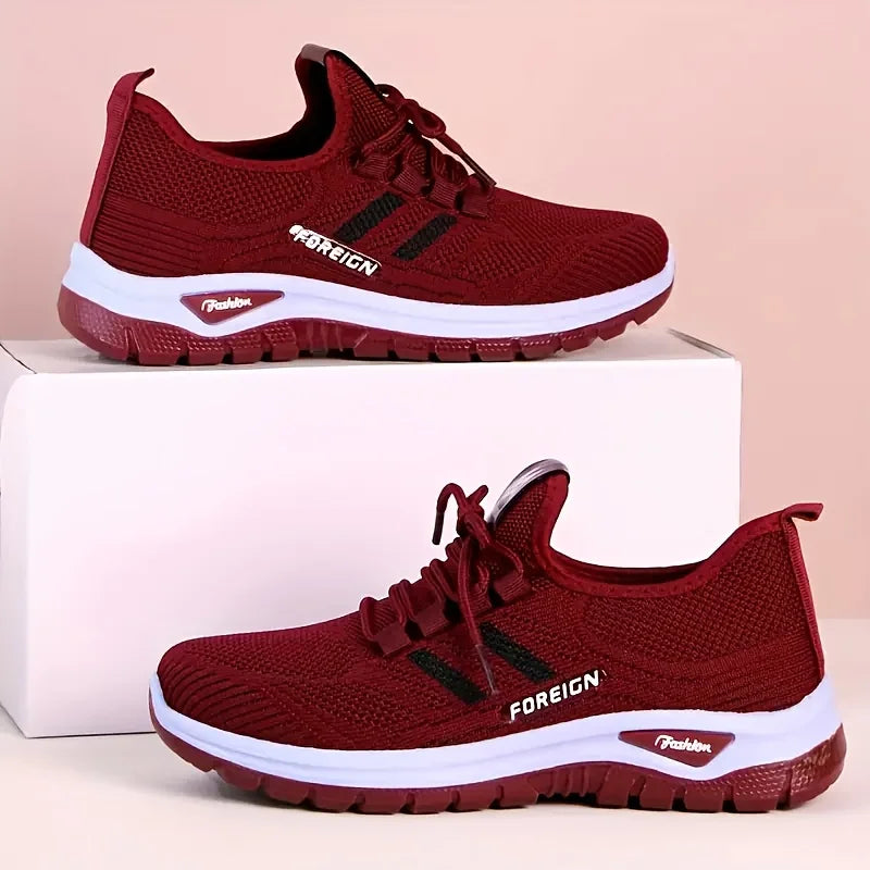 Women's Breathable Knit Walking Shoes, Soft Cushion Non Slip Lace Up Sneakers, Lightweight Comfort Casual Daily Sports Shoes, Multi Color Mesh Flat Trainers for Elderly All Season Daily Wear