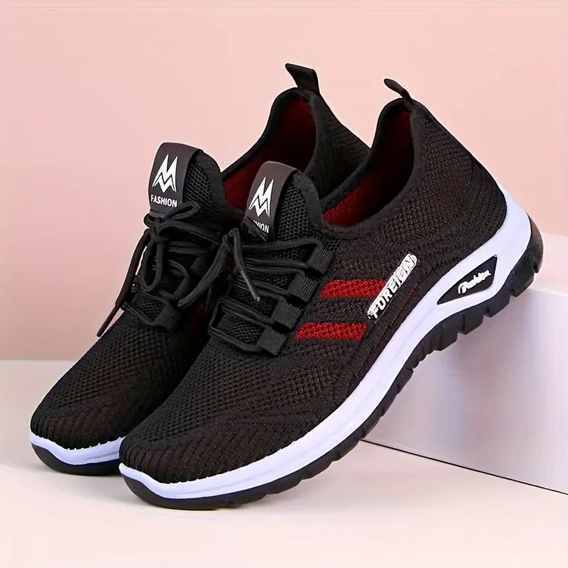 Women's Breathable Knit Walking Shoes, Soft Cushion Non Slip Lace Up Sneakers, Lightweight Comfort Casual Daily Sports Shoes, Multi Color Mesh Flat Trainers for Elderly All Season Daily Wear