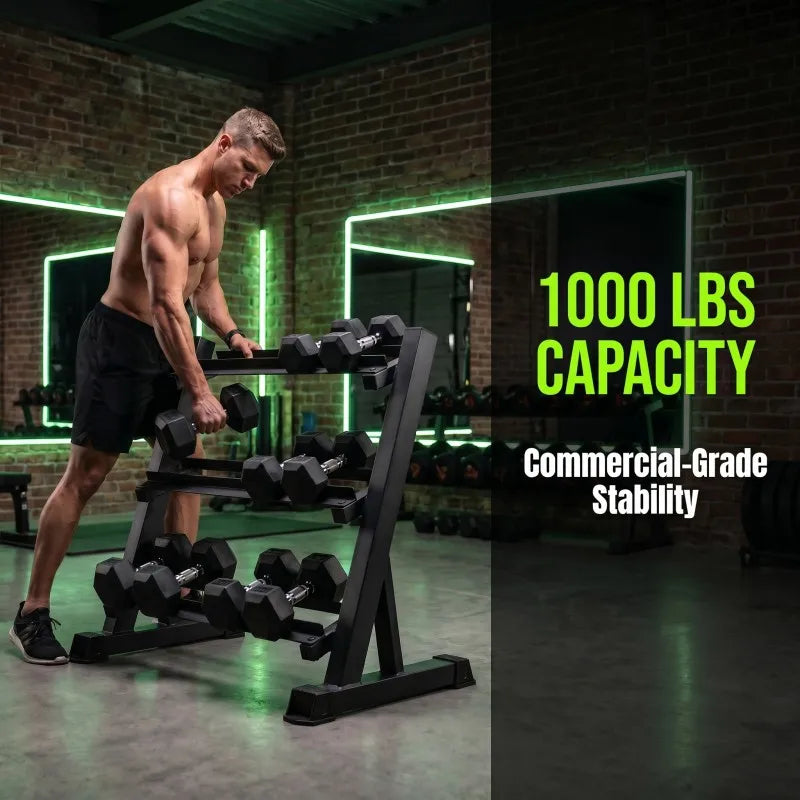 3-Tier Adjustable Dumbbell Rack (35.4in / 90cm), 1000LBS Heavy Duty Steel Gym Storage Stand with Anti-Rust Powder Coating & Floor Protection Feet for Home/Commercial Fitness