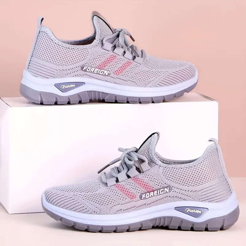 Women's Breathable Knit Walking Shoes, Soft Cushion Non Slip Lace Up Sneakers, Lightweight Comfort Casual Daily Sports Shoes, Multi Color Mesh Flat Trainers for Elderly All Season Daily Wear