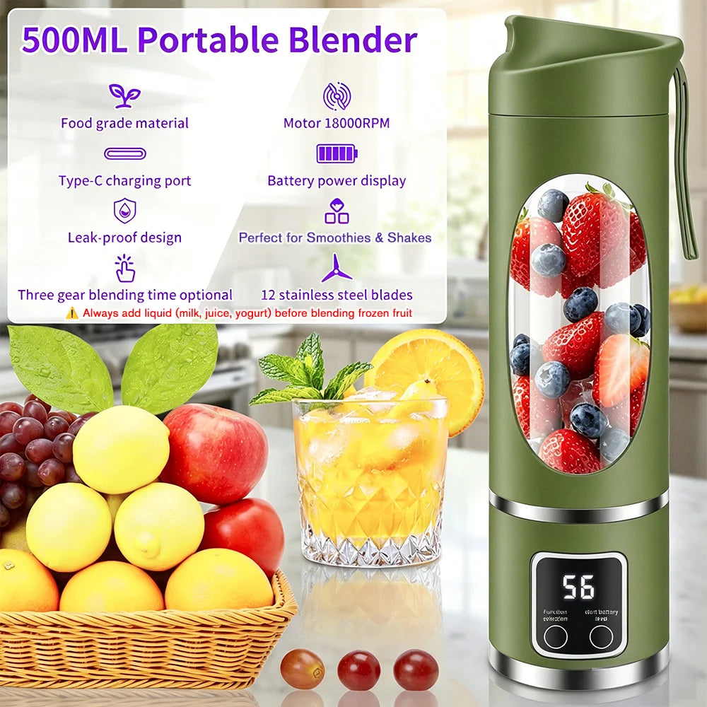 450ml Portable Juicer Blender Cup 12 Stainless Steel Blades 3 Speed Modes USB Charging Digital Screen Travel Smoothie Maker Rechargeable Mini Fruit Juice Mixer Easy To Clean For Sports Office Camping