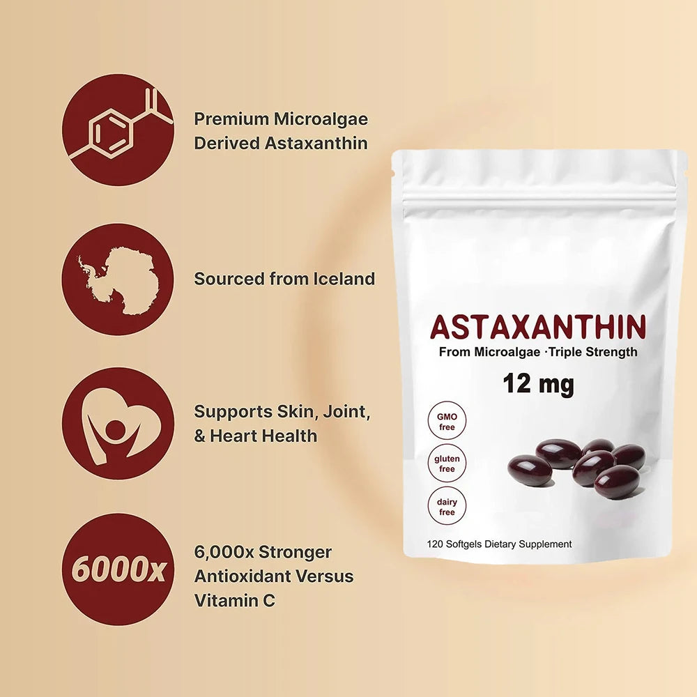 Astaxanthin 12mg Softgels - Astaxanthin Antioxidant Supplements Supports Eye, Joint, Skin & Circulation Health, Natural Tanning