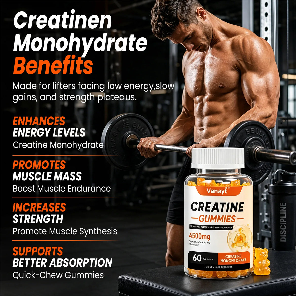 Creatine Monohydrate Gummies 4500mg - Boost Energy, Build Muscle Mass, and Improve Athletic Performance