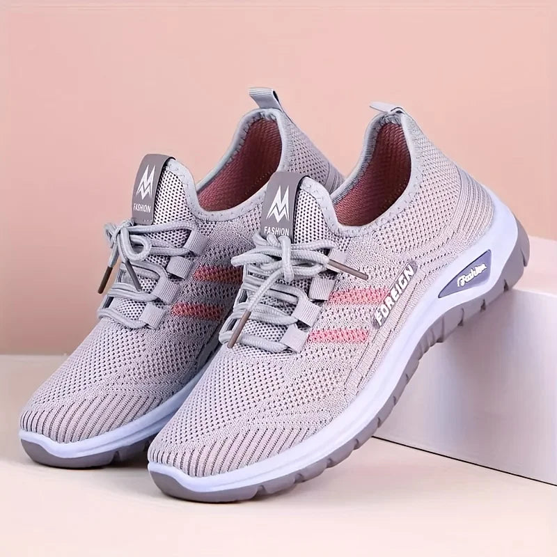 Women's Breathable Knit Walking Shoes, Soft Cushion Non Slip Lace Up Sneakers, Lightweight Comfort Casual Daily Sports Shoes, Multi Color Mesh Flat Trainers for Elderly All Season Daily Wear