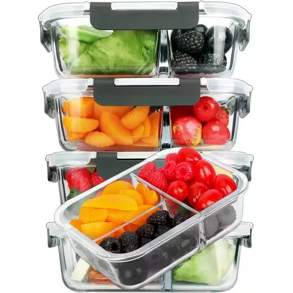 5-Pack Rectangular Borosilicate Glass Meal Prep Containers (36 oz, 8in×6.5in×3in) - Crystal-Clear, Stackable Airtight Leak-Proof Lids, Airtight Food Storage, Kitchen Accessories, Healthy Meals Prep, Dishwasher-Microwave-Ove