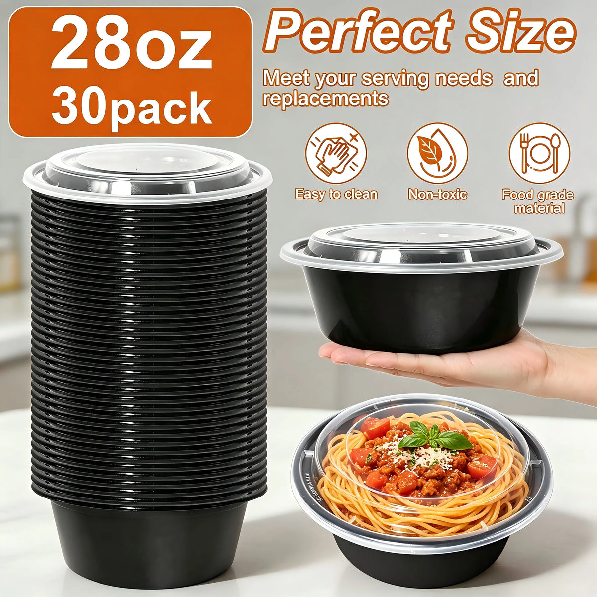 30 Sets Black PP Reusable 28oz Meal Prep Containers, Washable Plastic To-Go Food Boxes, Ideal for Restaurant Takeout, Office Workers, Students Lunch Packing, Holiday Parties & Daily Meal Storage