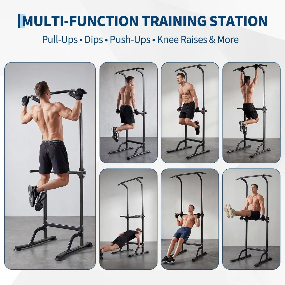 Power Tower Pull Up Dip Station 10 Level Adjustable Height 330 LBS Capacity Heavy Duty Steel Frame Multi Function Home Gym Strength Training Equipment For Full Body Workout