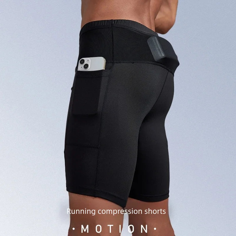 Men Compression Marathon Running Shorts with Waist Pack Quick Dry Trainning Exercise Fitness Sport Tight Shorts