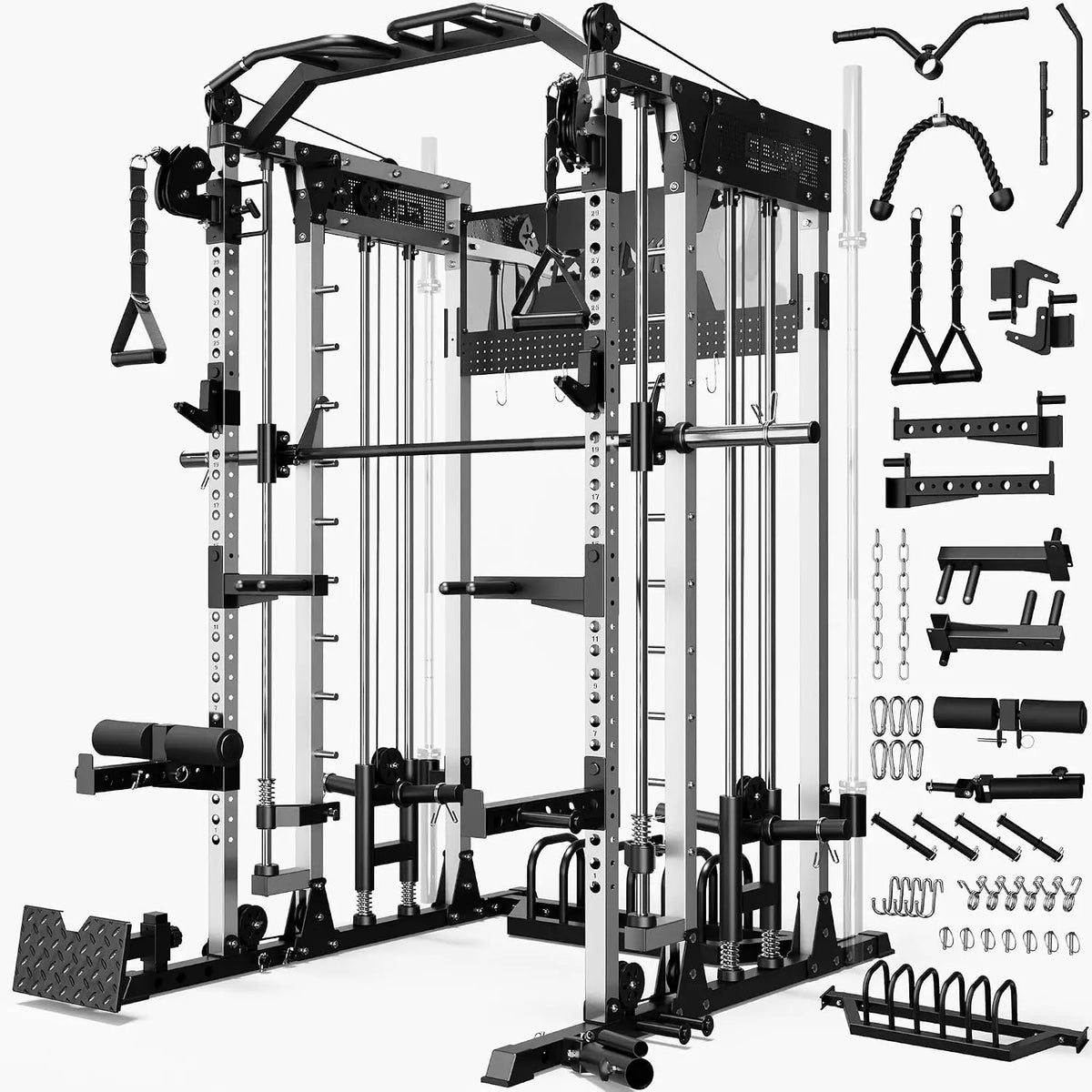 SM4 Smith Machine with Dual Pulley System, 2500lbs Multi-Function Power Cage with LAT Pulldown & Low Row, Squat Rack, Custom
