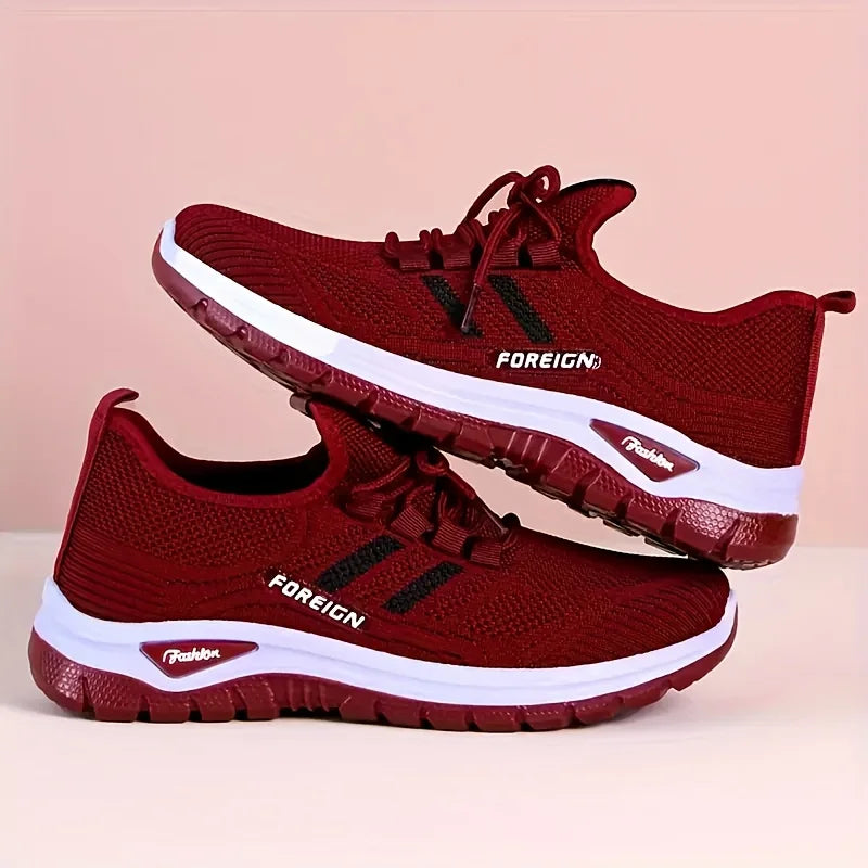 Women's Breathable Knit Walking Shoes, Soft Cushion Non Slip Lace Up Sneakers, Lightweight Comfort Casual Daily Sports Shoes, Multi Color Mesh Flat Trainers for Elderly All Season Daily Wear