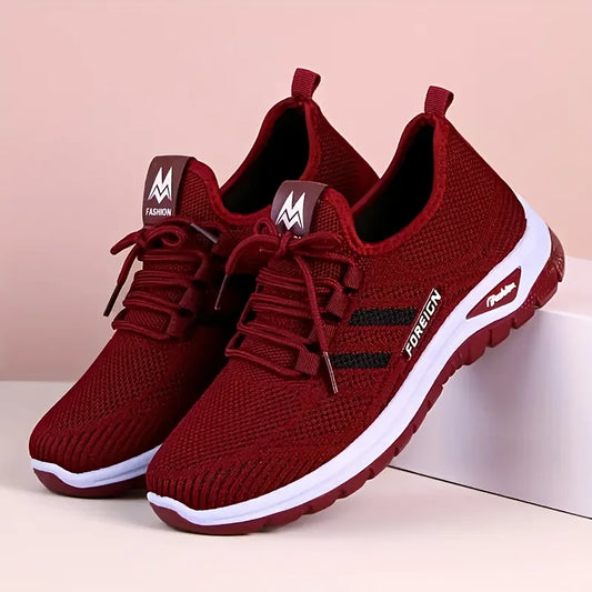 Women's Breathable Knit Walking Shoes, Soft Cushion Non Slip Lace Up Sneakers, Lightweight Comfort Casual Daily Sports Shoes, Multi Color Mesh Flat Trainers for Elderly All Season Daily Wear