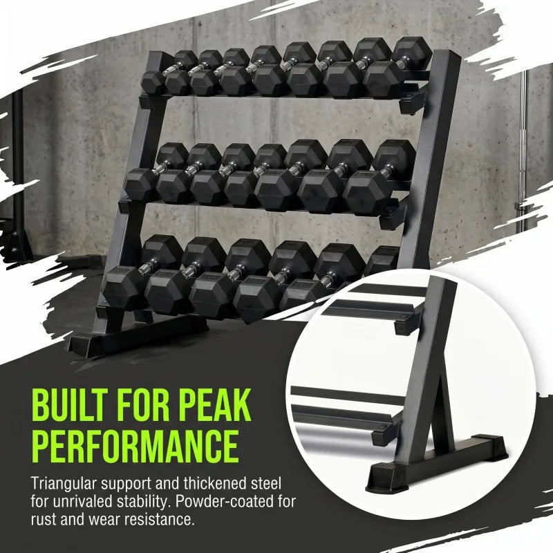 3-Tier Adjustable Dumbbell Rack (35.4in / 90cm), 1000LBS Heavy Duty Steel Gym Storage Stand with Anti-Rust Powder Coating & Floor Protection Feet for Home/Commercial Fitness