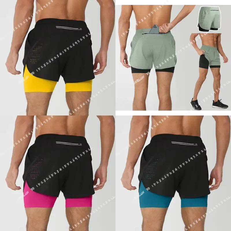 Men's Running Shorts Quick Dry Fitness Black Double Layer Sport Workout Training Bodybuilding Short Pants New