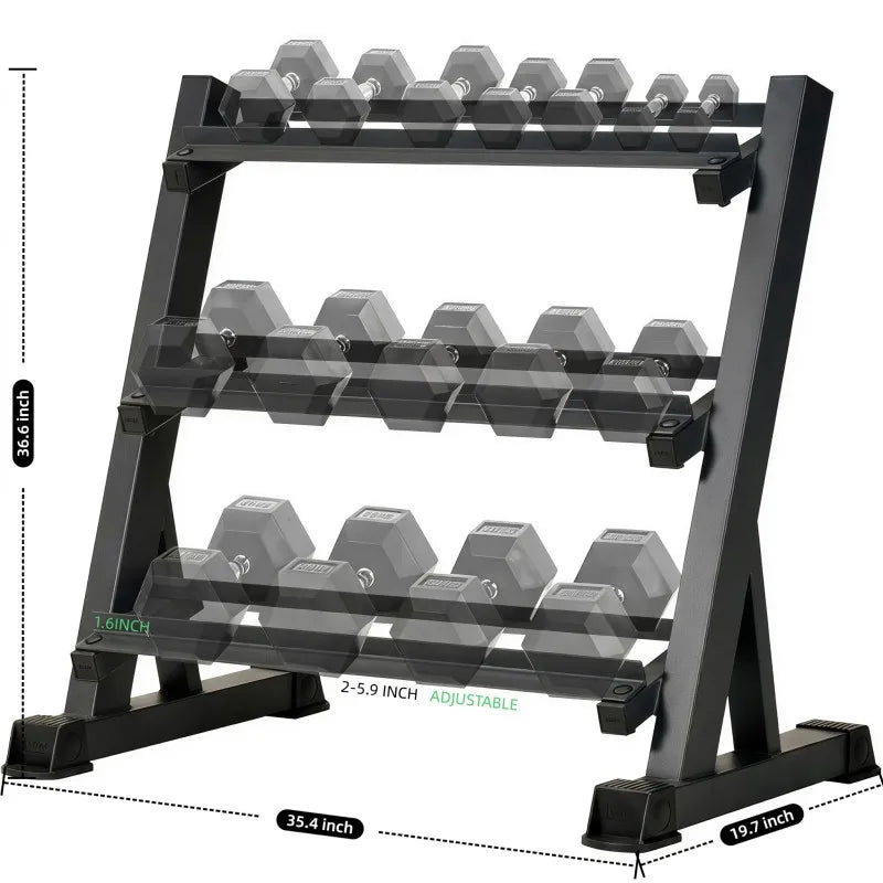 3-Tier Adjustable Dumbbell Rack (35.4in / 90cm), 1000LBS Heavy Duty Steel Gym Storage Stand with Anti-Rust Powder Coating & Floor Protection Feet for Home/Commercial Fitness