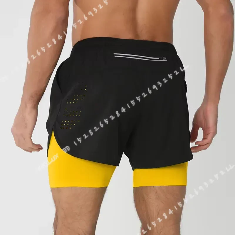 Men's Running Shorts Quick Dry Fitness Black Double Layer Sport Workout Training Bodybuilding Short Pants New