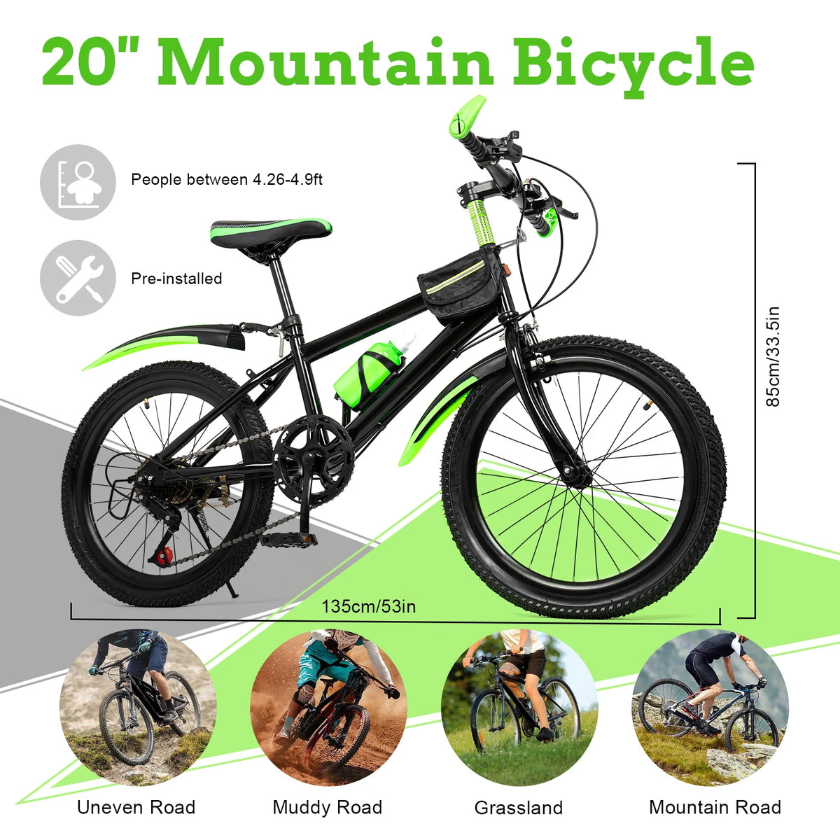 130-150cm Kids Mountain Bike for Ages 4-7, 7-Speed Gears with Front/Rear Brakes, Adjustable Seat, 85kg Max Load