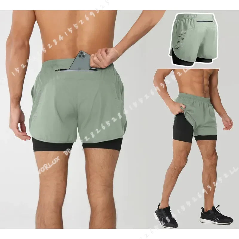 Men's Running Shorts Quick Dry Fitness Black Double Layer Sport Workout Training Bodybuilding Short Pants New