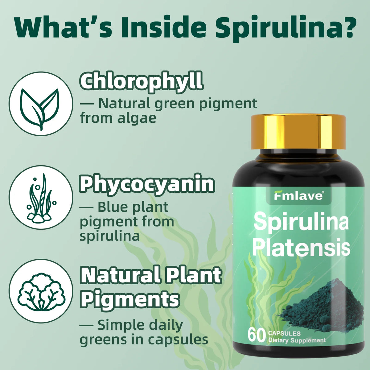 Fmlave Supplements Organic Spirulina - Protein Rich Blue Green Algae Superfood Supplement for Energy and Immune Support, 60 Vegetarian Capsules