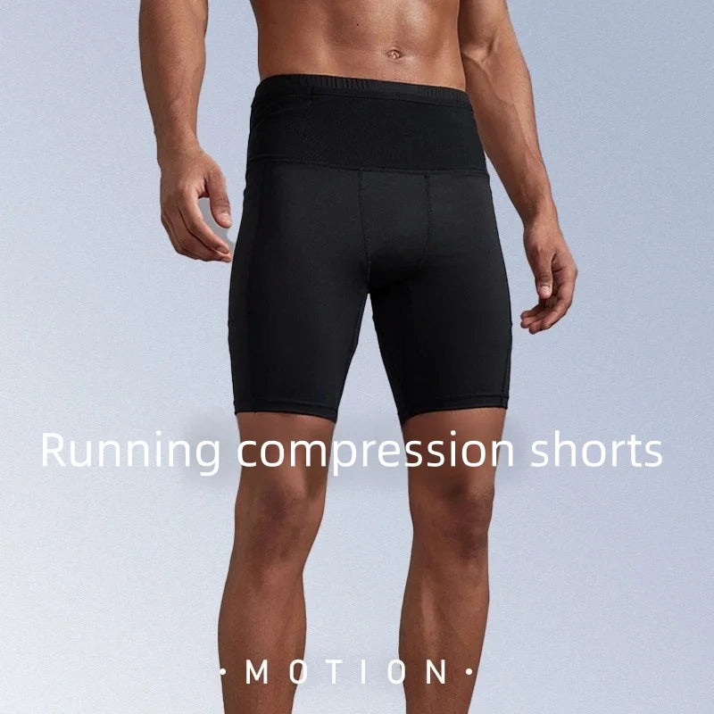 Men Compression Marathon Running Shorts with Waist Pack Quick Dry Trainning Exercise Fitness Sport Tight Shorts