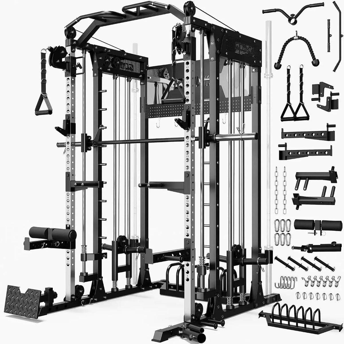SM4 Smith Machine with Dual Pulley System, 2500lbs Multi-Function Power Cage with LAT Pulldown & Low Row, Squat Rack, Custom