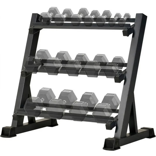 3-Tier Adjustable Dumbbell Rack (35.4in / 90cm), 1000LBS Heavy Duty Steel Gym Storage Stand with Anti-Rust Powder Coating & Floor Protection Feet for Home/Commercial Fitness