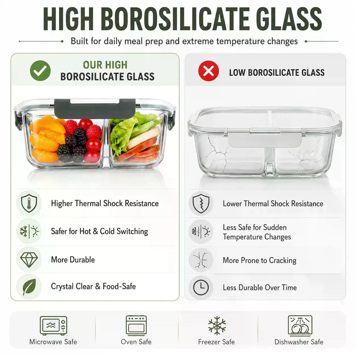 5-Pack Rectangular Borosilicate Glass Meal Prep Containers (36 oz, 8in×6.5in×3in) - Crystal-Clear, Stackable Airtight Leak-Proof Lids, Airtight Food Storage, Kitchen Accessories, Healthy Meals Prep, Dishwasher-Microwave-Ove