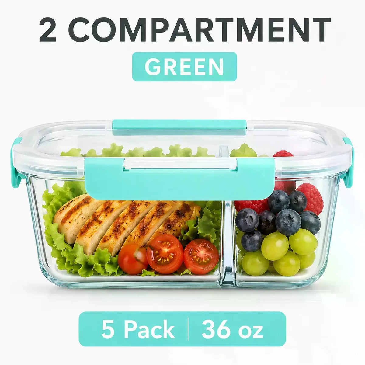 5-Pack Rectangular Borosilicate Glass Meal Prep Containers (36 oz, 8in×6.5in×3in) - Crystal-Clear, Stackable Airtight Leak-Proof Lids, Airtight Food Storage, Kitchen Accessories, Healthy Meals Prep, Dishwasher-Microwave-Ove