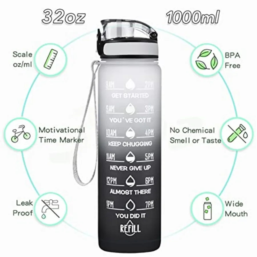 Water Bottle, Leakproof BPA and Toxic Free, Motivational Water Bottle with Times to Drink and Straw, Fitness Sports Water Bottl